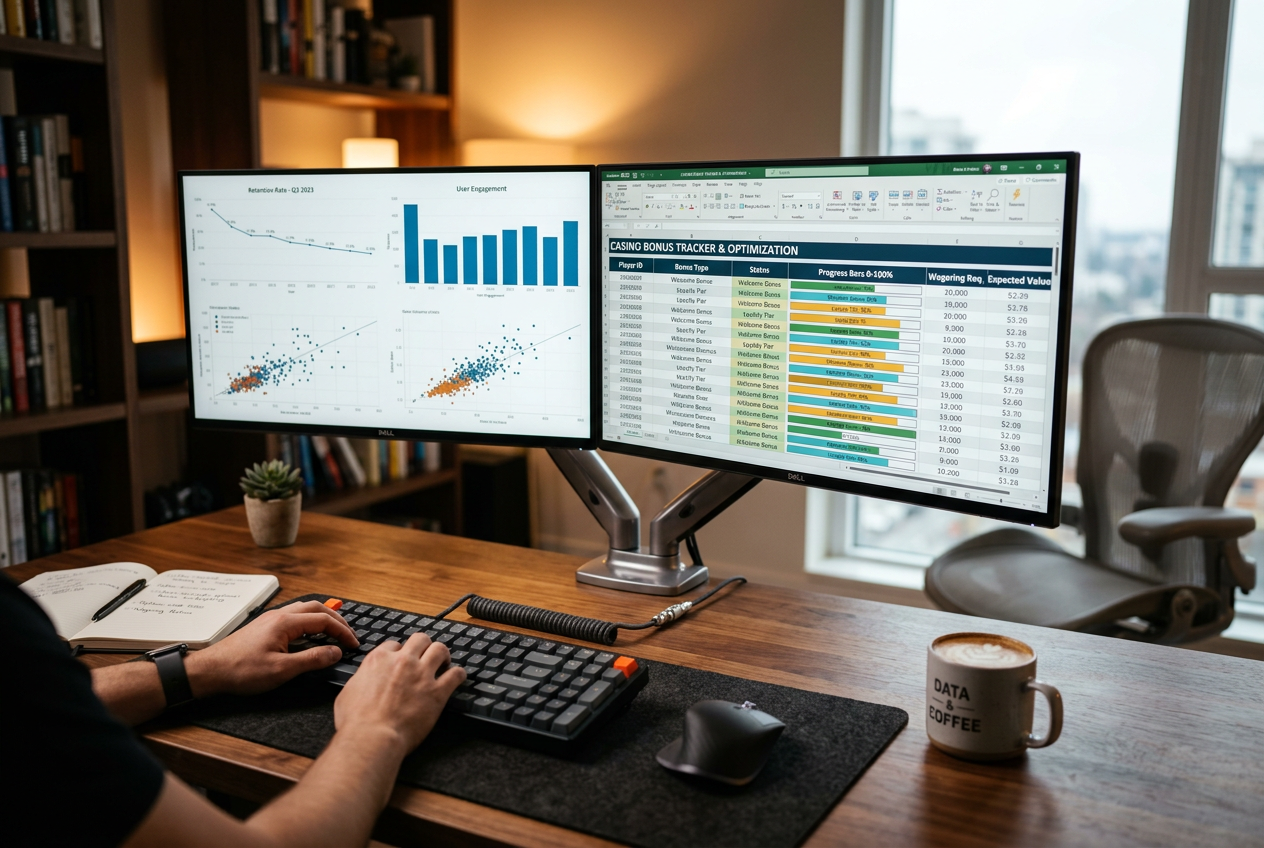 A modern workstation with dual monitors showing casino data analytics.