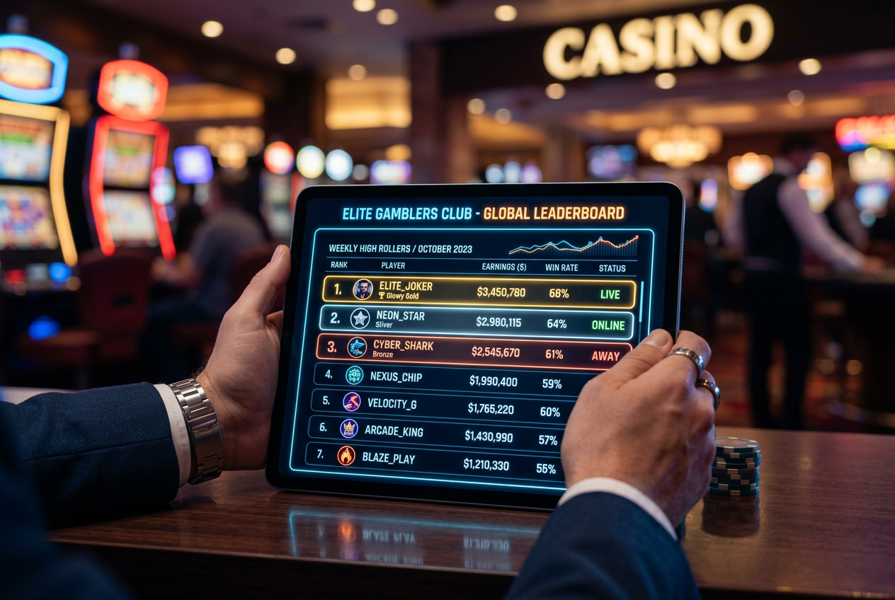 A sleek digital leaderboard showing top casino brands on a futuristic screen