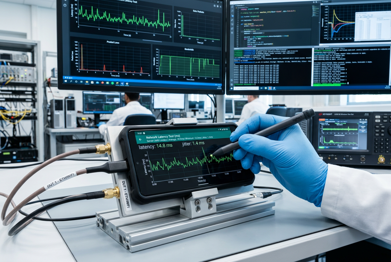 Profesjonalne testy wydajności aplikacji mobilnej w laboratorium technologicznym.