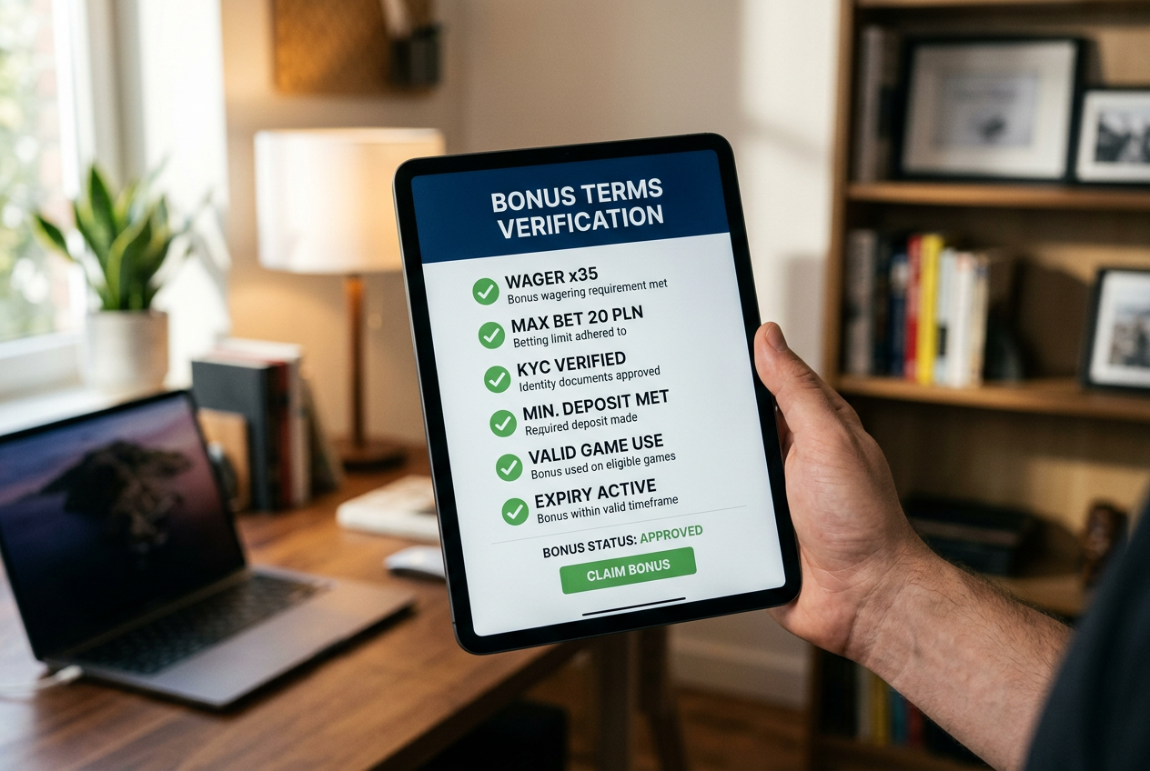 A close-up of a tablet displaying a checklist for casino bonus terms.