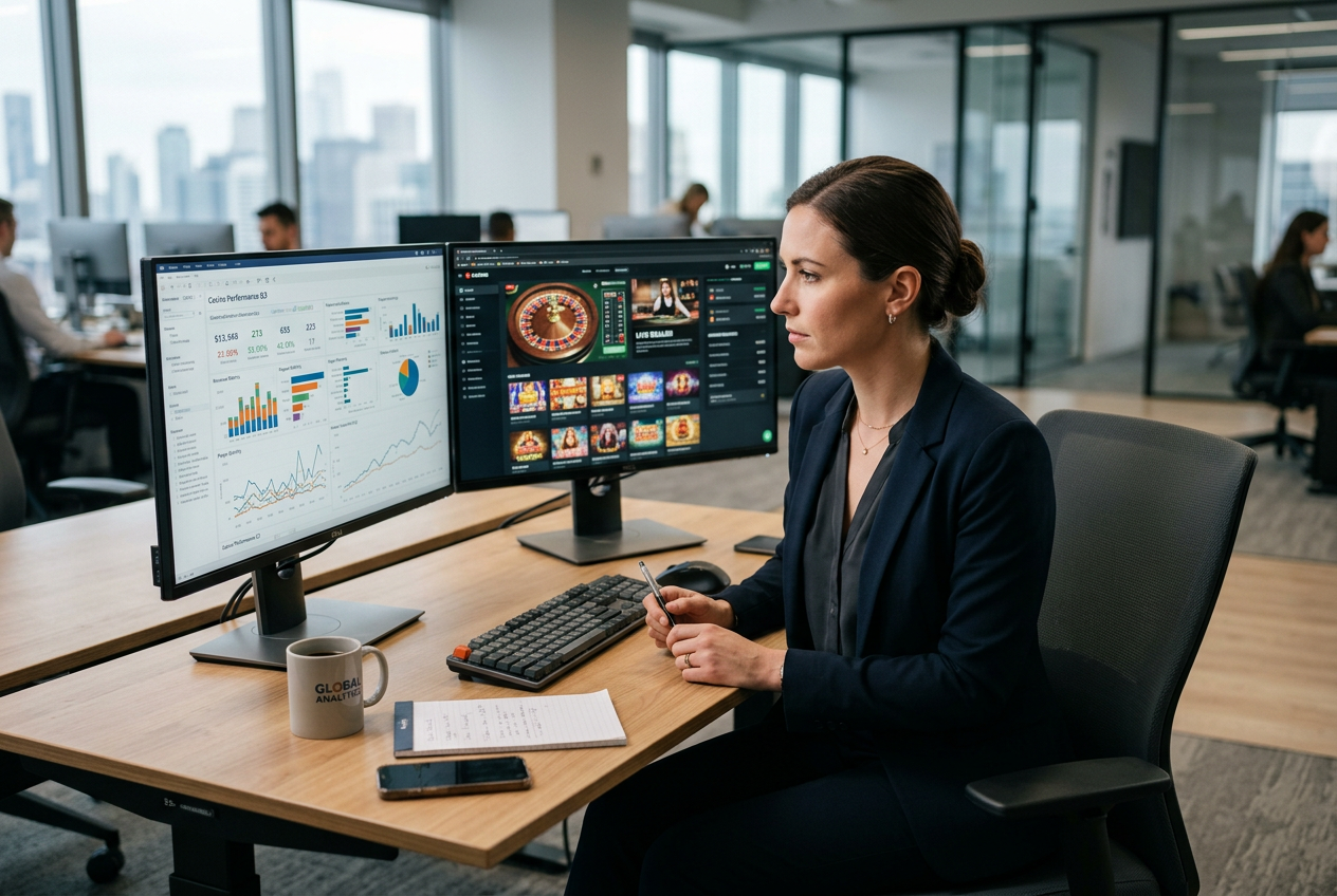 An expert analyzing casino bonus data on multiple monitors.