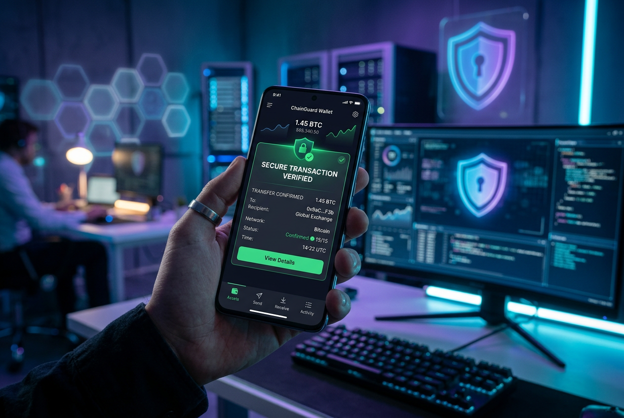 Modern smartphone displaying a secure crypto wallet transaction.