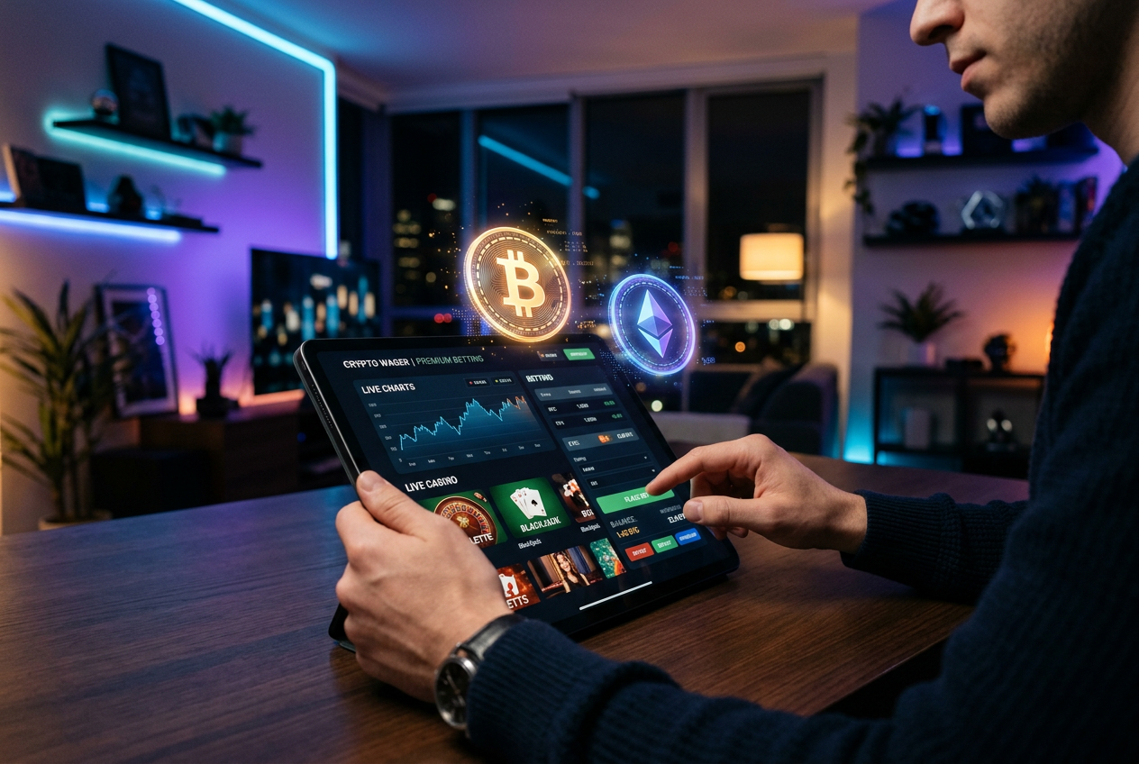Person using a tablet to access a modern crypto casino platform.