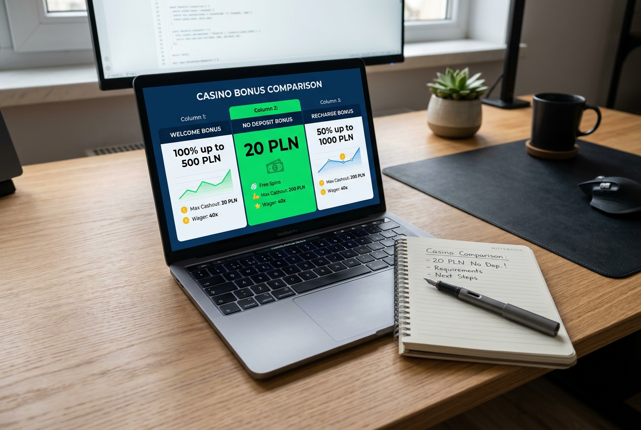 A laptop screen displaying online casino bonus offers for low deposits.