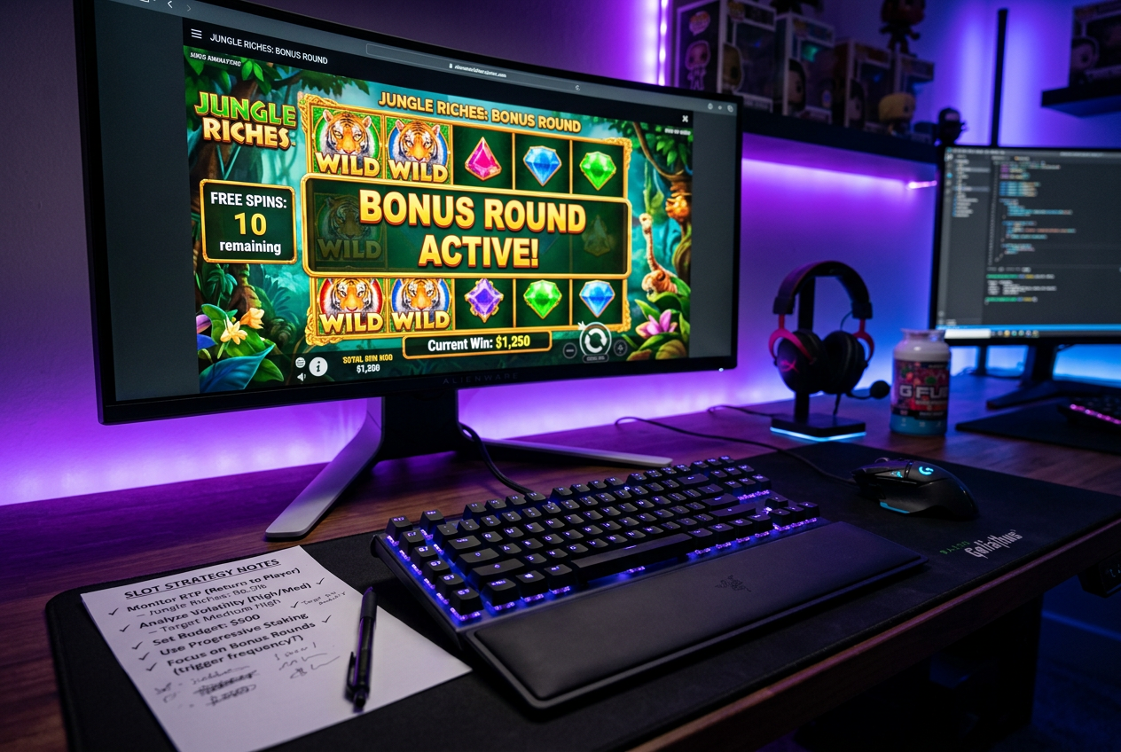 A gaming desk setup showing a slot game and a wagering strategy checklist.