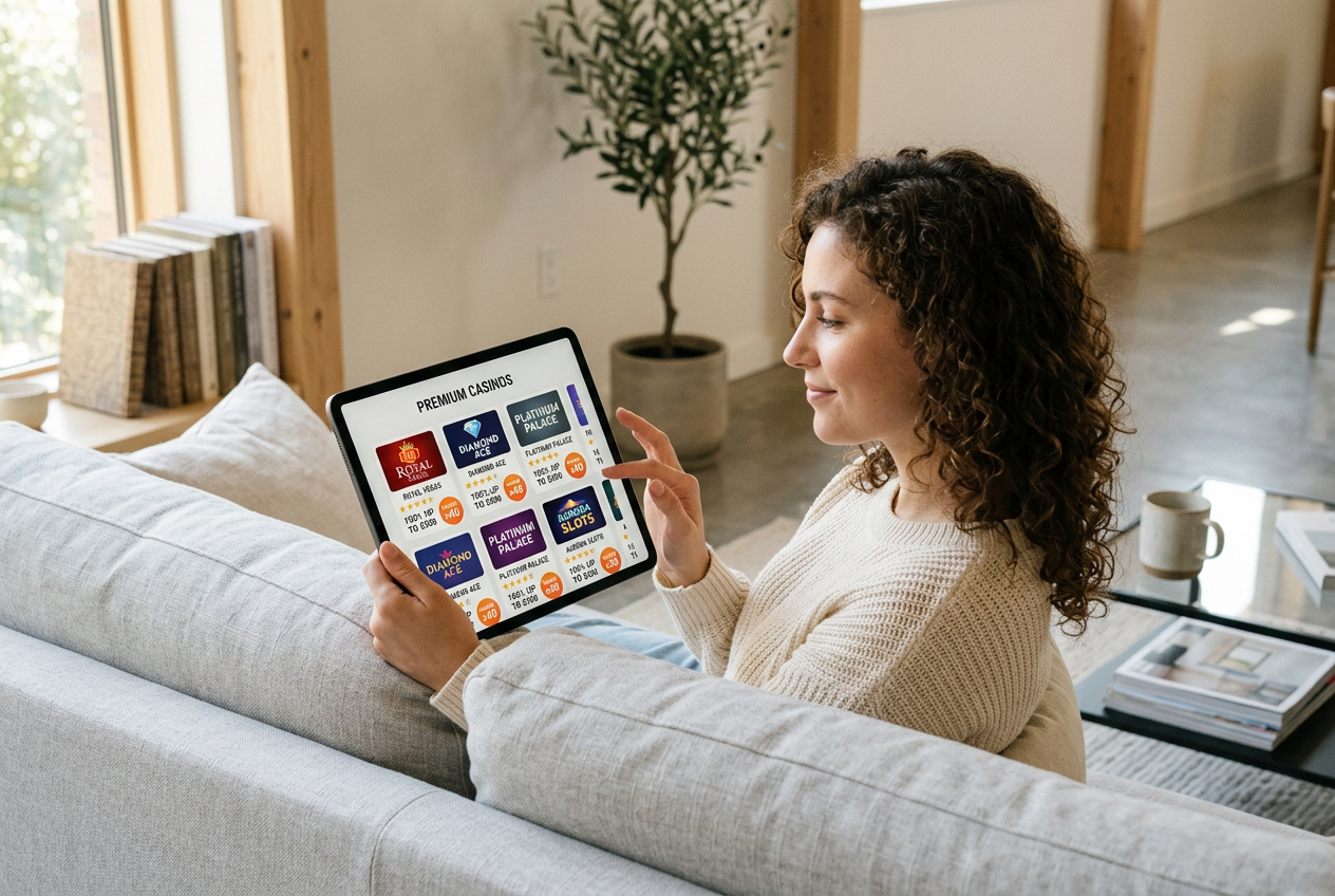 A person reviewing a list of premium online casinos on a tablet.